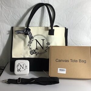 Embroidery Personalized “N”Black/White Canvas Tote Bag with Jewelry Box